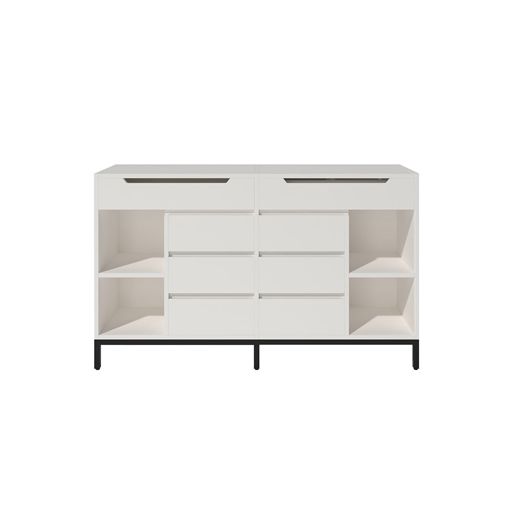 HMR - 8 Drawer 59" Modern White Double Dresser Wide Cabinet with Flip-Top Mirror & Shelves