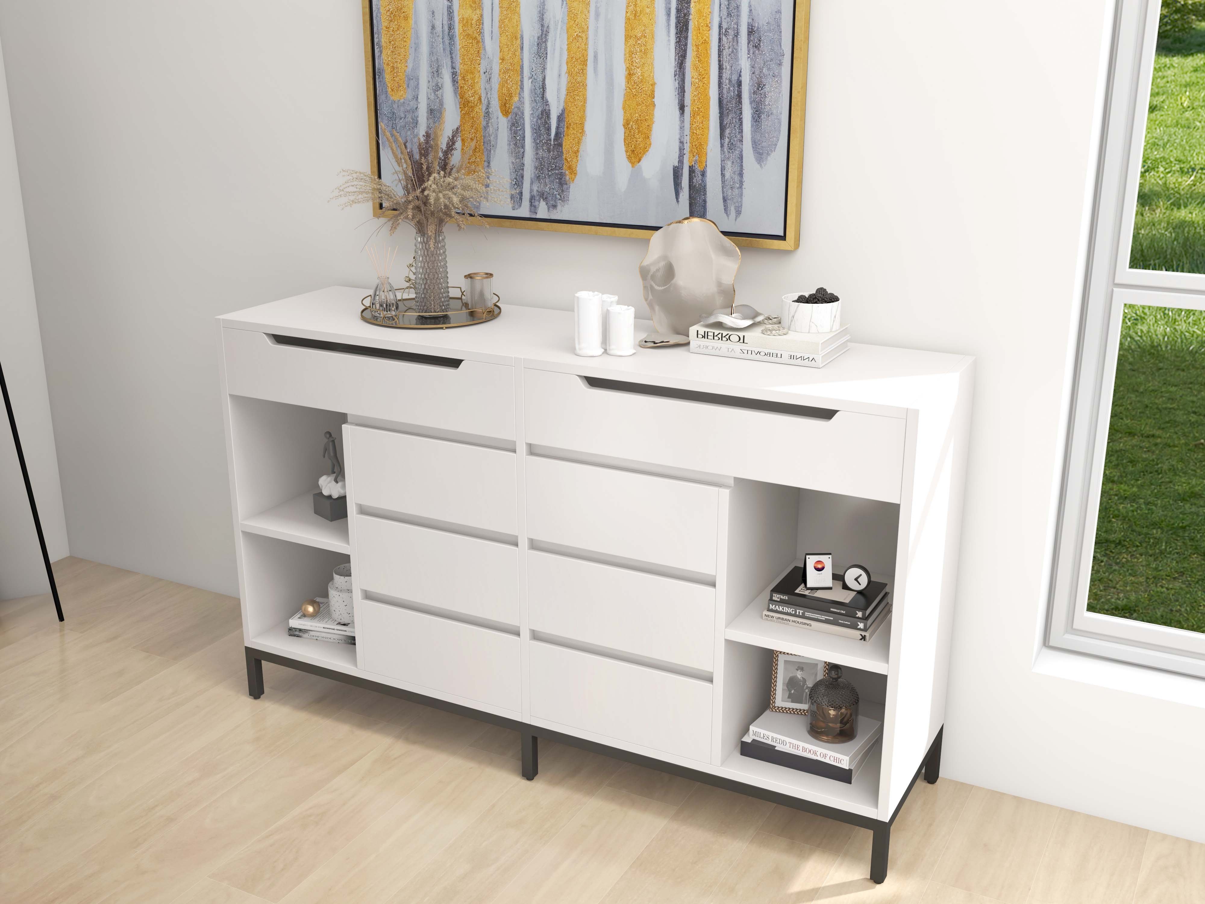 HMR - 8 Drawer 59" Modern White Double Dresser Wide Cabinet with Flip-Top Mirror & Shelves