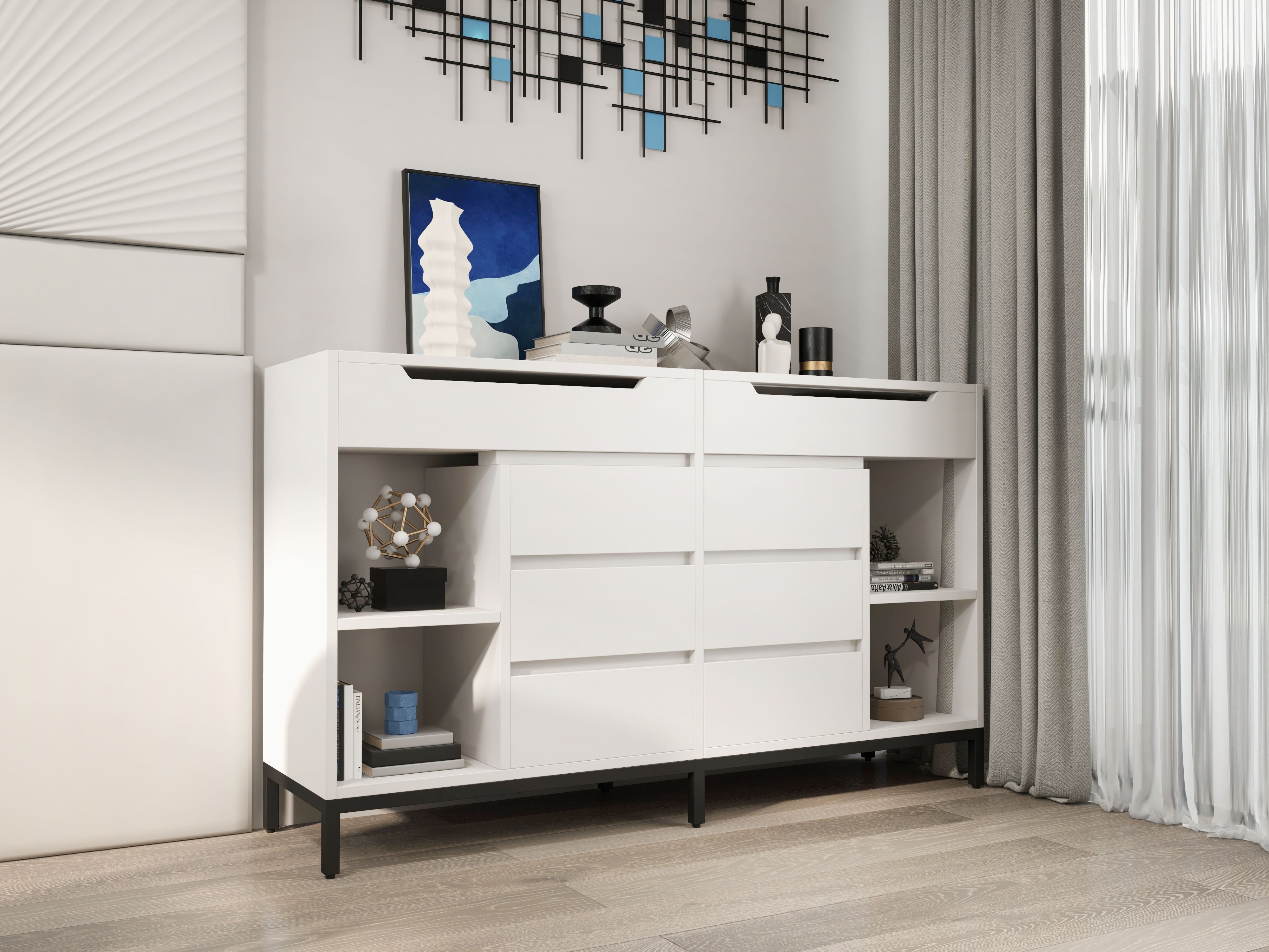 HMR - 8 Drawer 59" Modern White Double Dresser Wide Cabinet with Flip-Top Mirror & Shelves