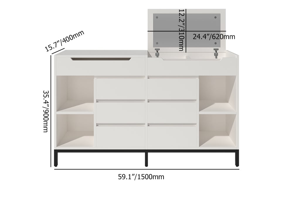 HMR - 8 Drawer 59" Modern White Double Dresser Wide Cabinet with Flip-Top Mirror & Shelves