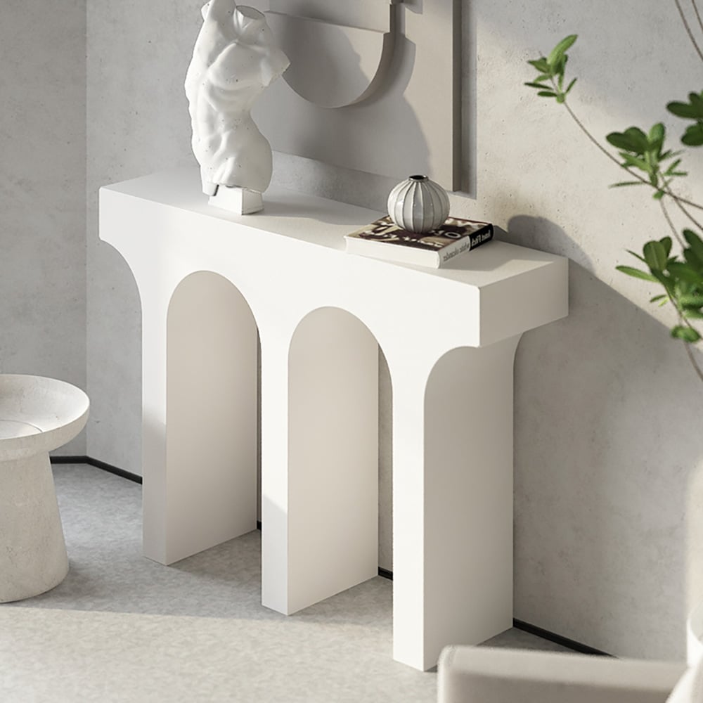 HMR - 47" Japandi Narrow White Console Table with Pedestal Wood Entryway Table