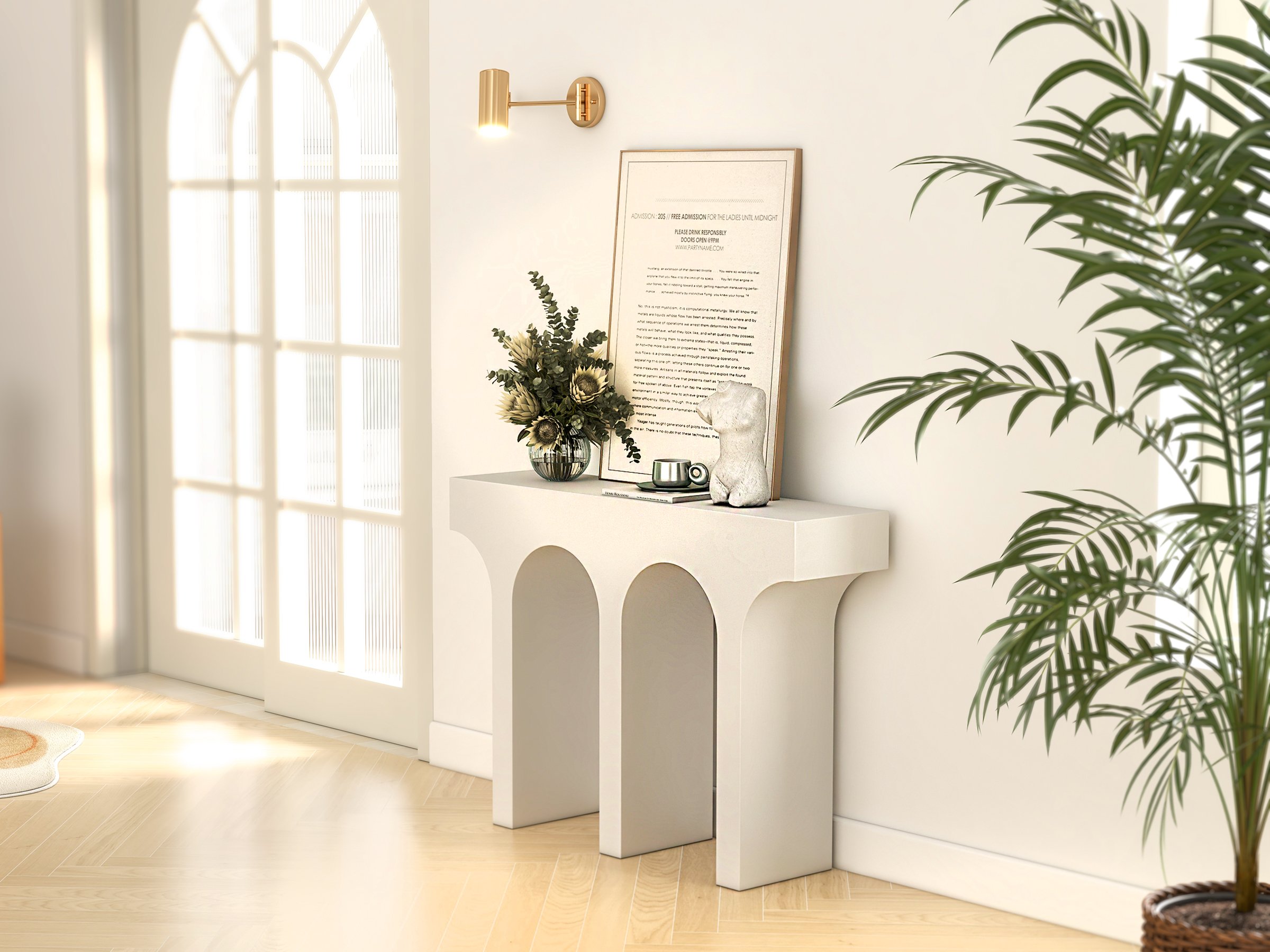 HMR - 47" Japandi Narrow White Console Table with Pedestal Wood Entryway Table