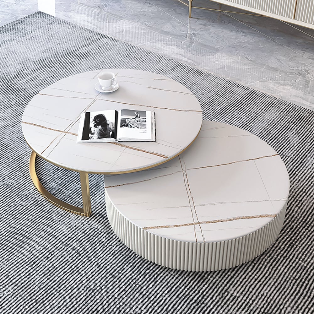 HMR Aurora 79" Fluted Sofa with Gold Legs & Pillows & Nesting Coffee Table Set - White, Boucle, Style C