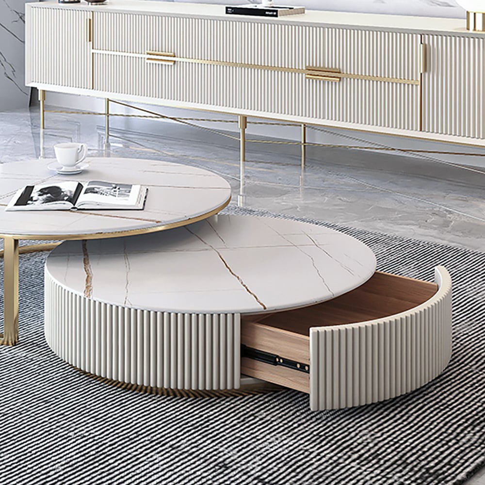 HMR Aurora 79" Fluted Sofa with Gold Legs & Pillows & Nesting Coffee Table Set - White, Boucle, Style C
