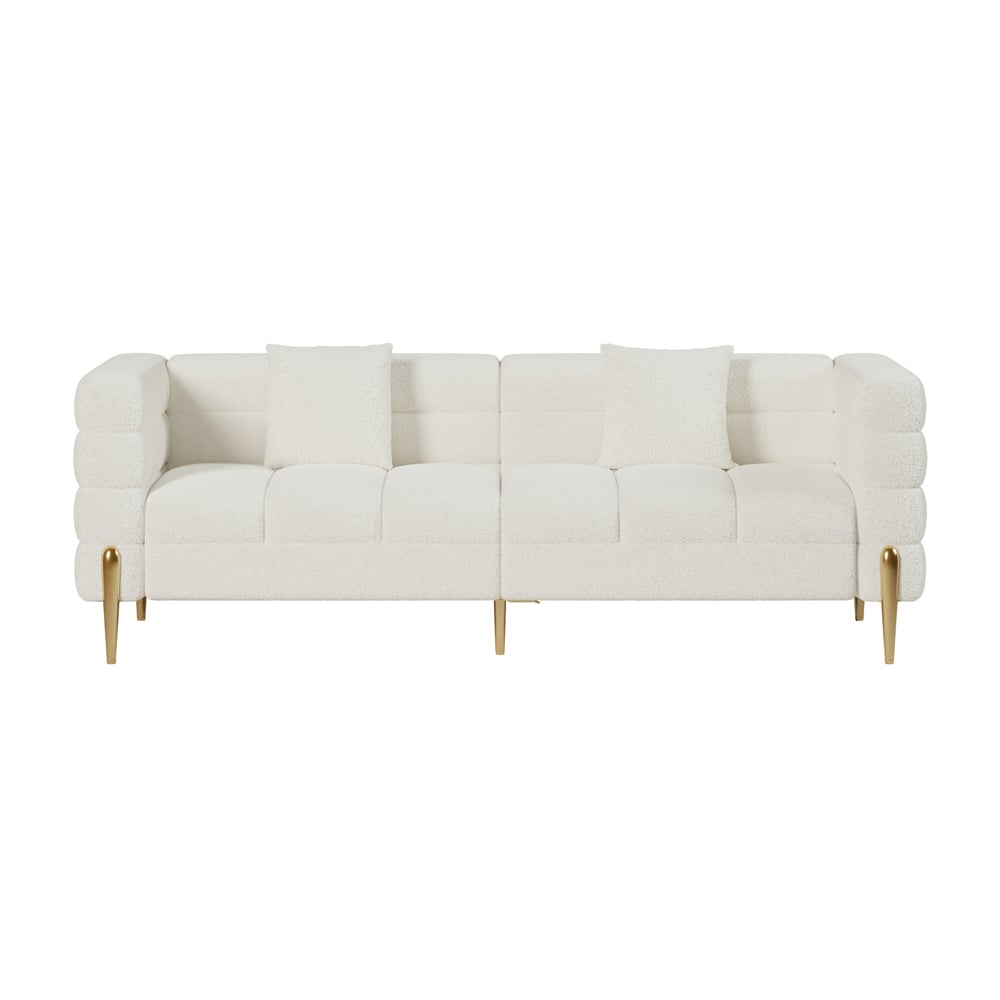 HMR Aurora 79" Fluted Sofa with Gold Legs & Pillows & Nesting Coffee Table Set - White, Boucle, Style C