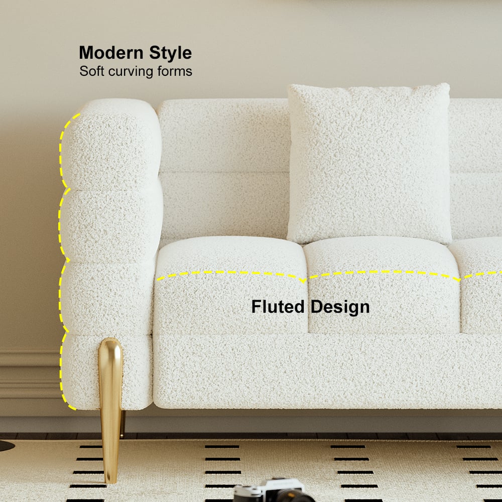 HMR Aurora 79" Fluted Sofa with Gold Legs & Pillows & Nesting Coffee Table Set - White, Boucle, Style C