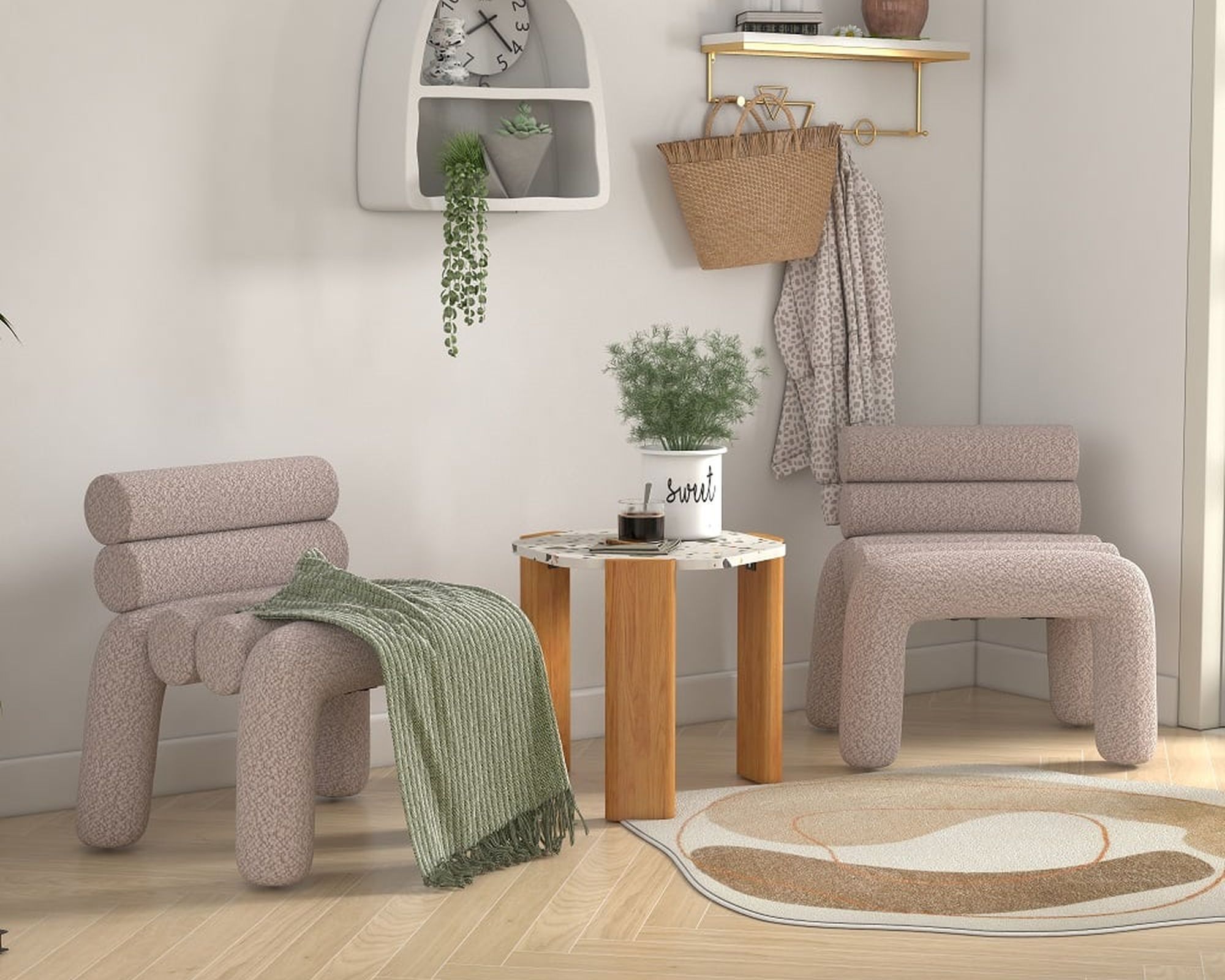 HMR - Modern Boucle Accent Chair Upholstery Horizontal Channeled for Living Room