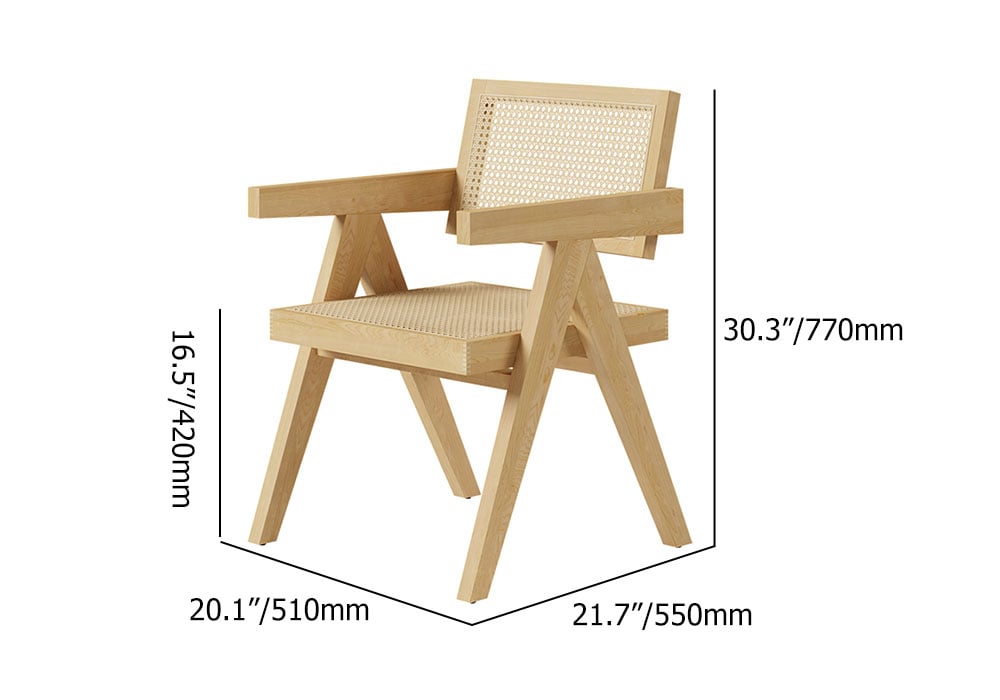HMR Archic Japandi Bleached Wood Rattan Dining Chair with Solid Wood Frame - Natural, Without Upholstery, 2-Pieces