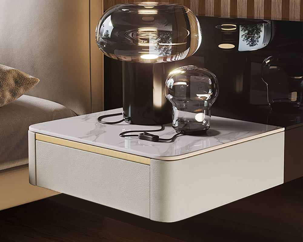 HMR Modern Floating Nightstand 1 Drawer Bedside Table with Sintered Stone Top - White, Single