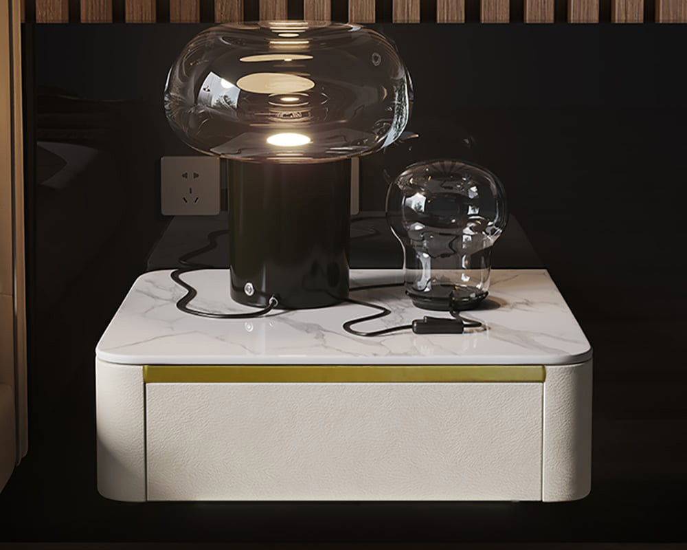HMR Modern Floating Nightstand 1 Drawer Bedside Table with Sintered Stone Top - White, Single