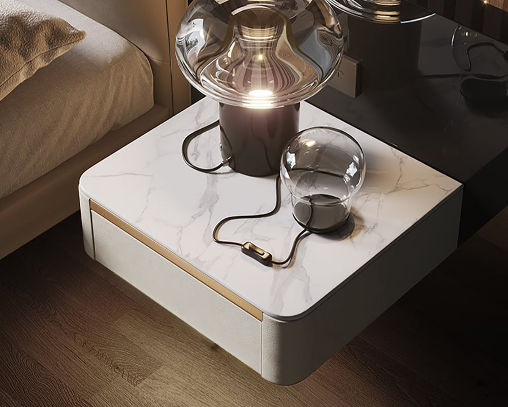 HMR Modern Floating Nightstand 1 Drawer Bedside Table with Sintered Stone Top - White, Single