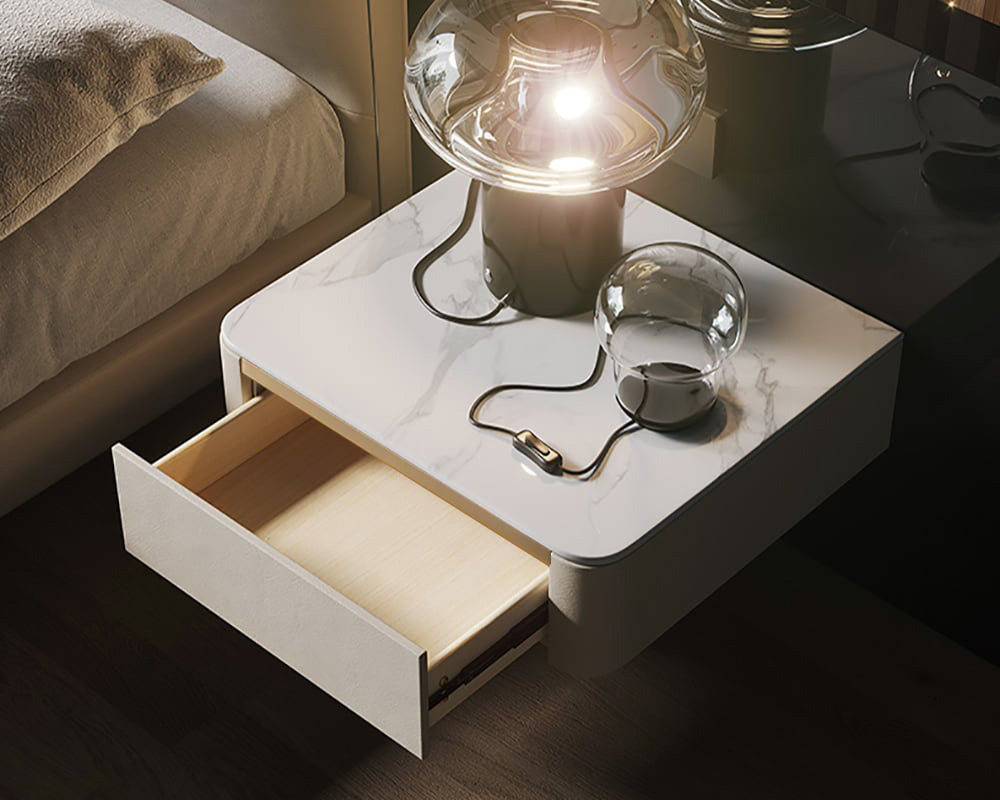 HMR Modern Floating Nightstand 1 Drawer Bedside Table with Sintered Stone Top - White, Single