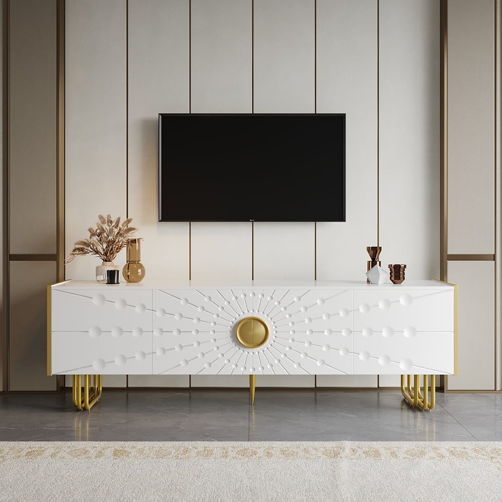 HMR - 70.9" Art Deco White TV Stand with 4 Doors and 6 Shelves