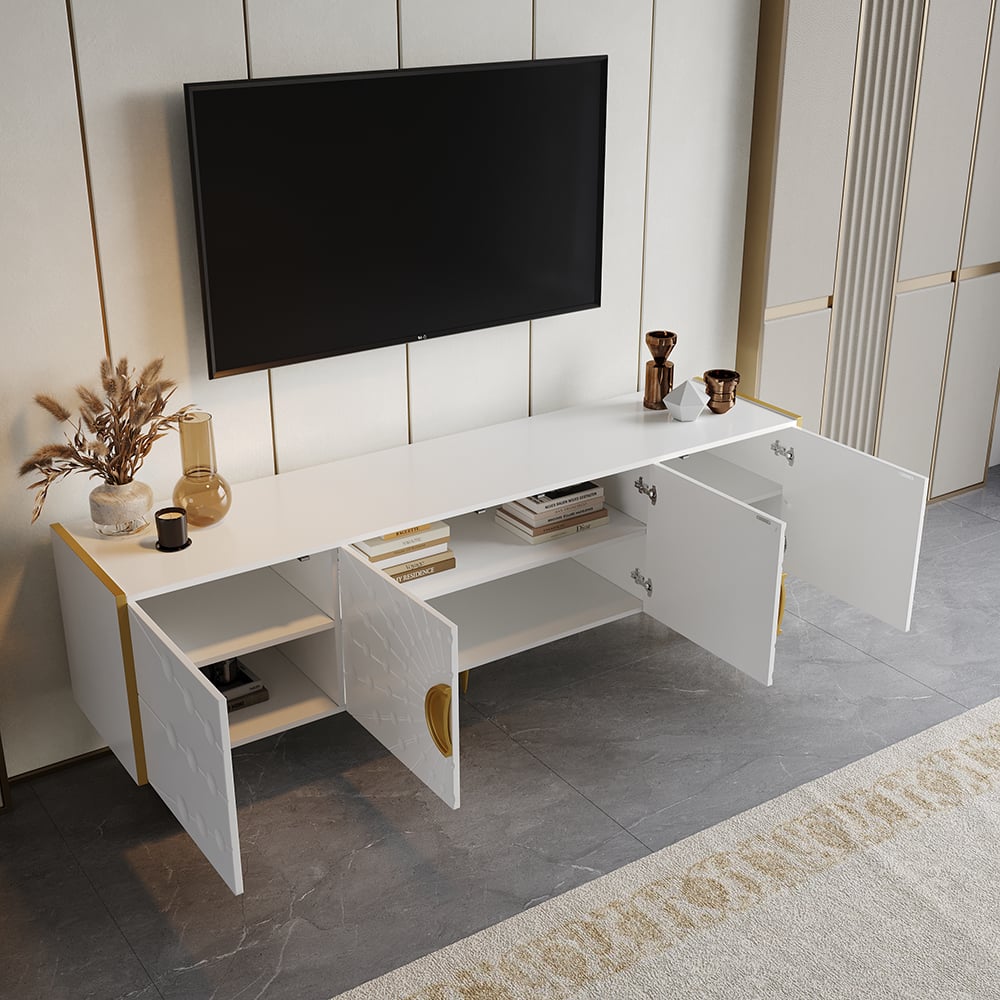 HMR - 70.9" Art Deco White TV Stand with 4 Doors and 6 Shelves