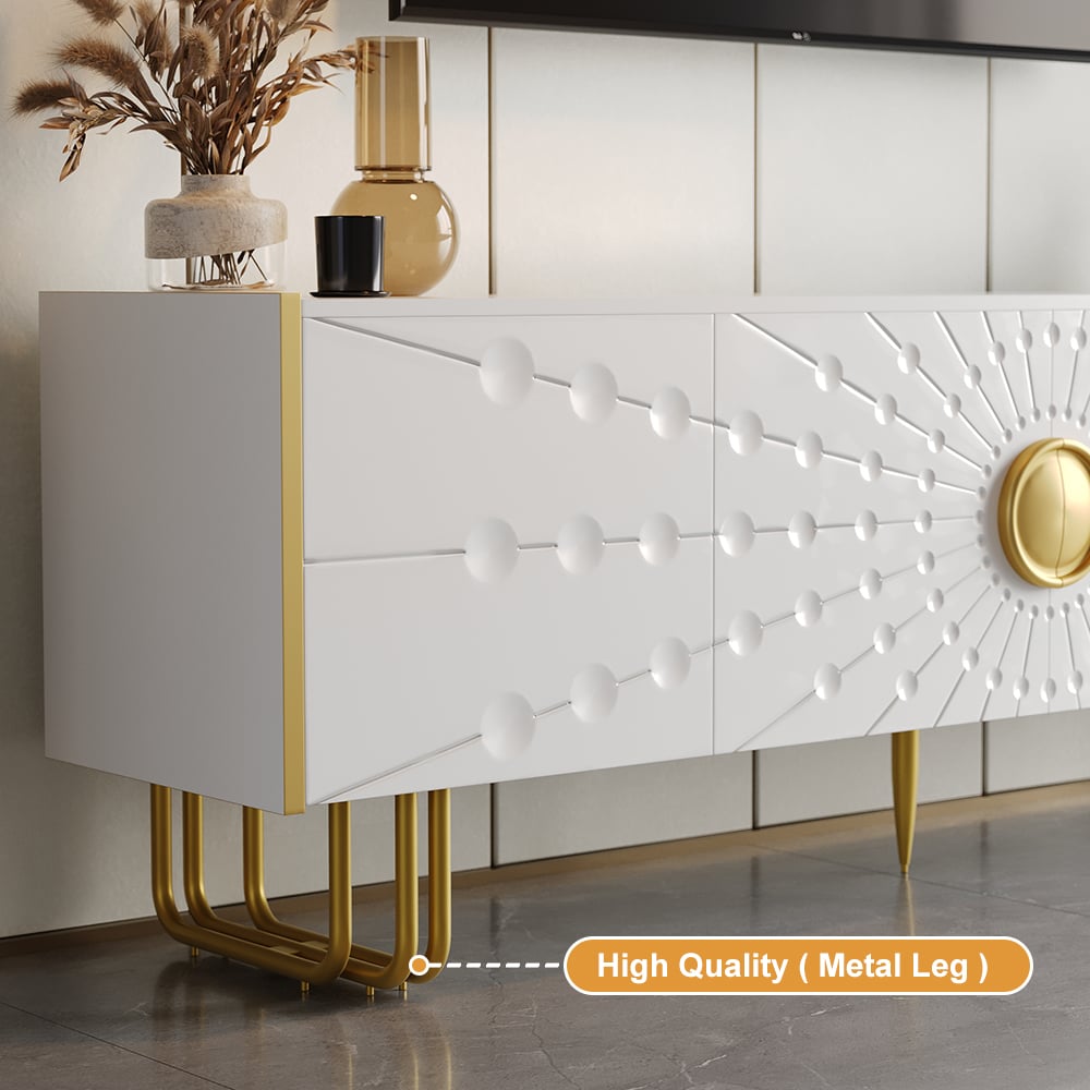 HMR - 70.9" Art Deco White TV Stand with 4 Doors and 6 Shelves