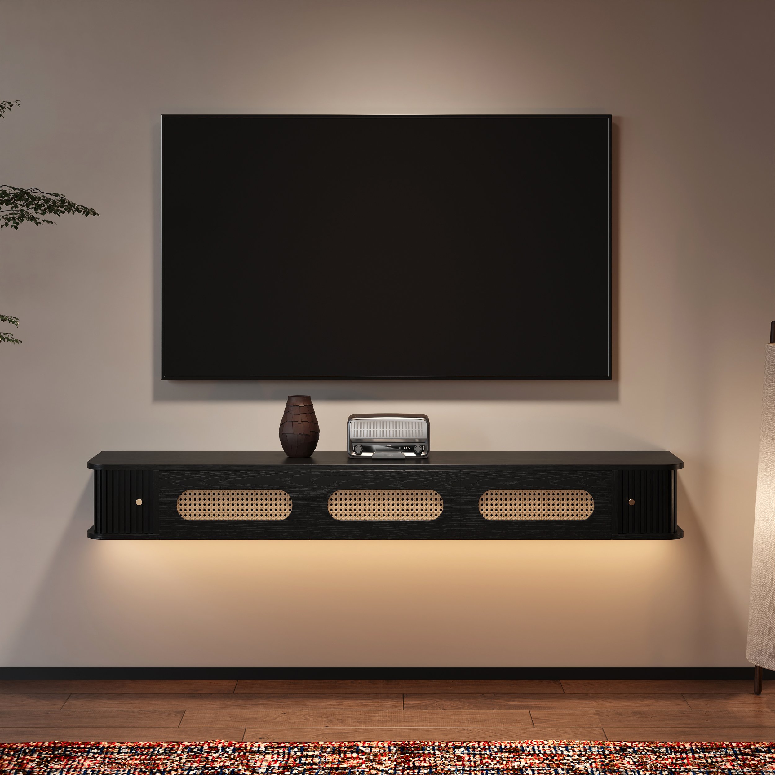 HMR - 63" Black Ratten LED Light Floating TV Stand