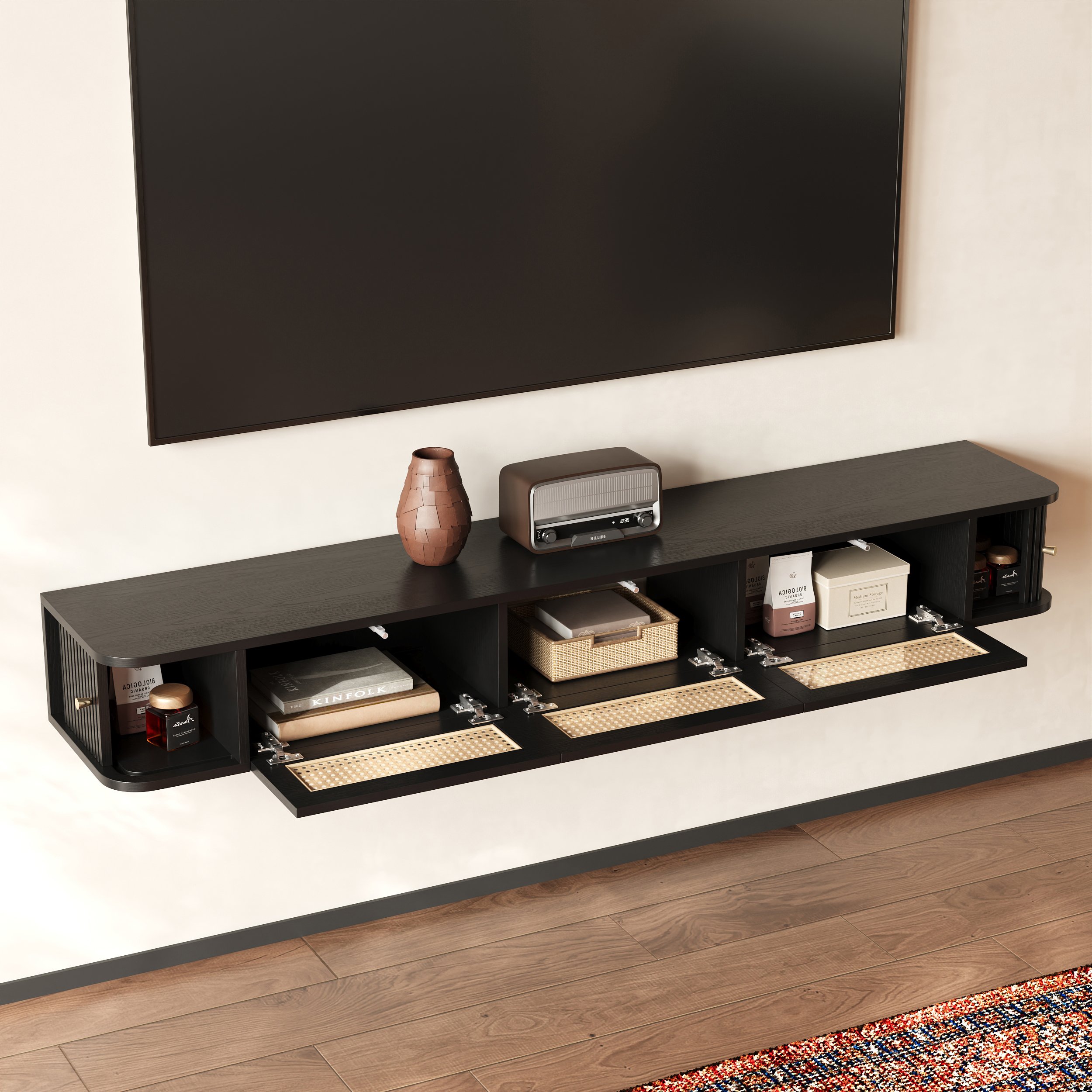 HMR - 63" Black Ratten LED Light Floating TV Stand