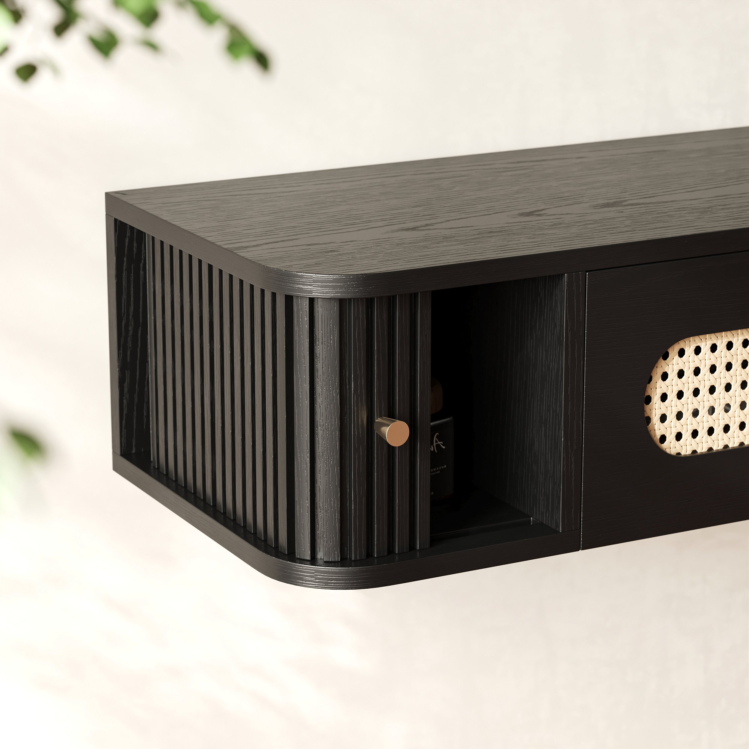 HMR - 63" Black Ratten LED Light Floating TV Stand