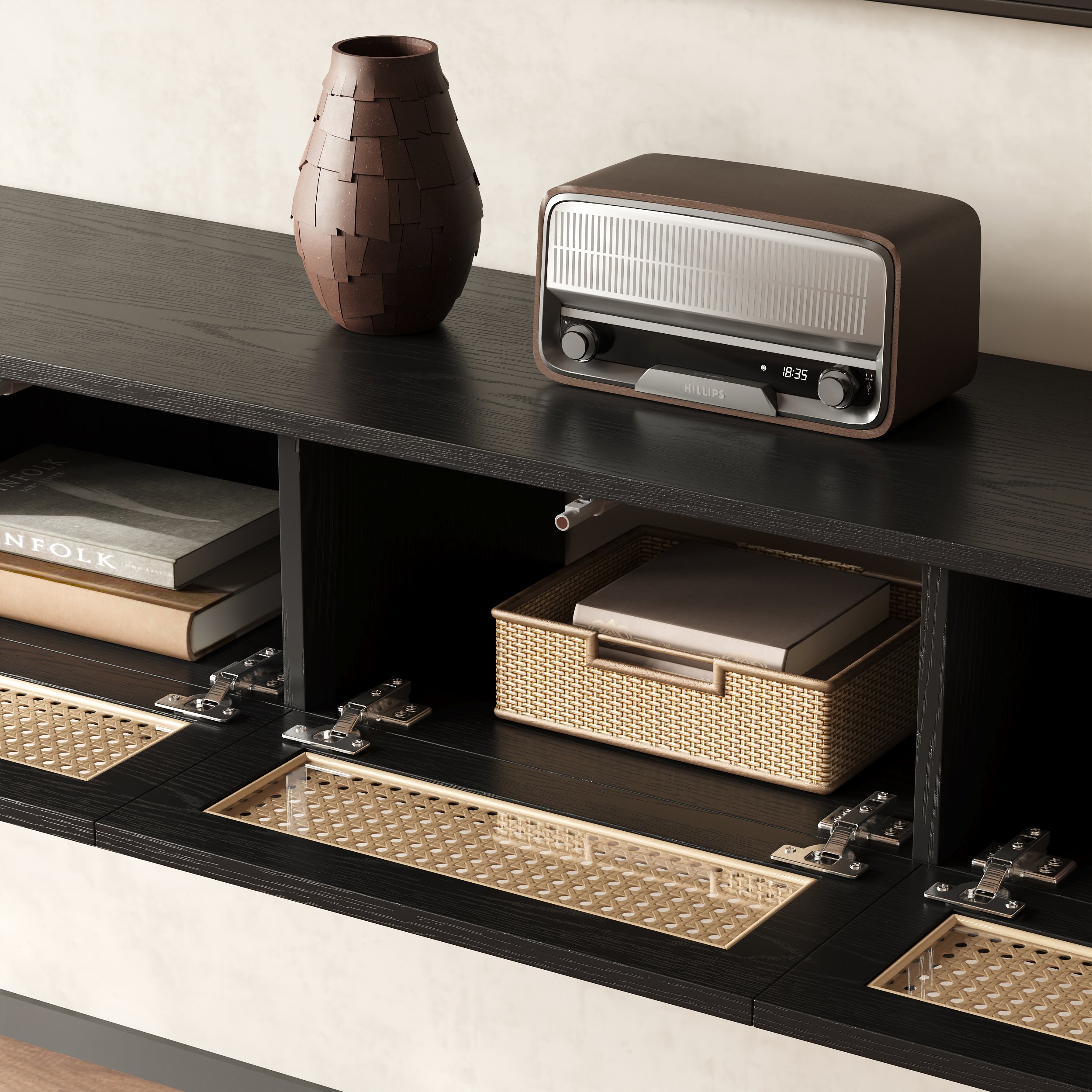 HMR - 63" Black Ratten LED Light Floating TV Stand