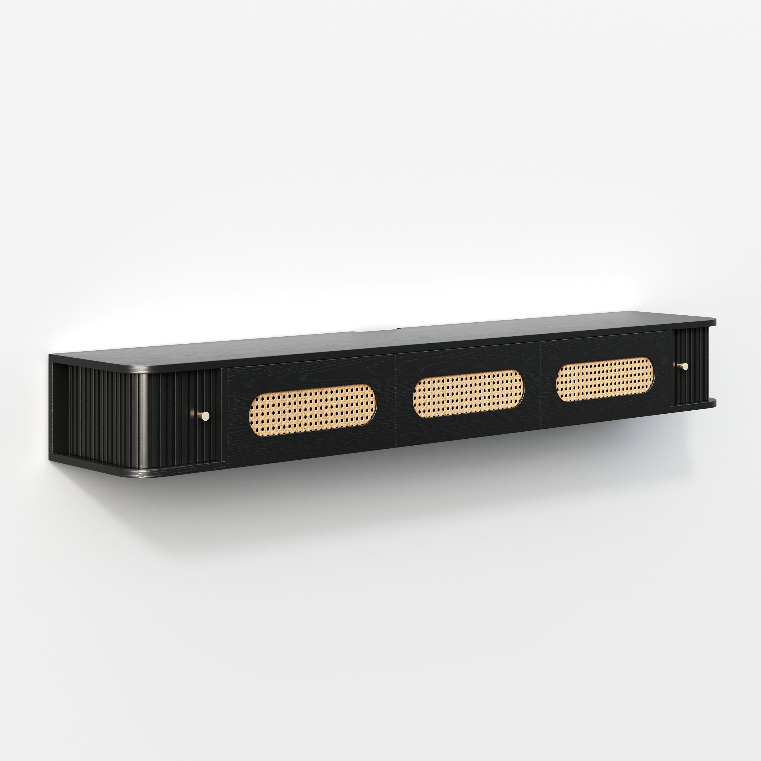 HMR - 63" Black Ratten LED Light Floating TV Stand