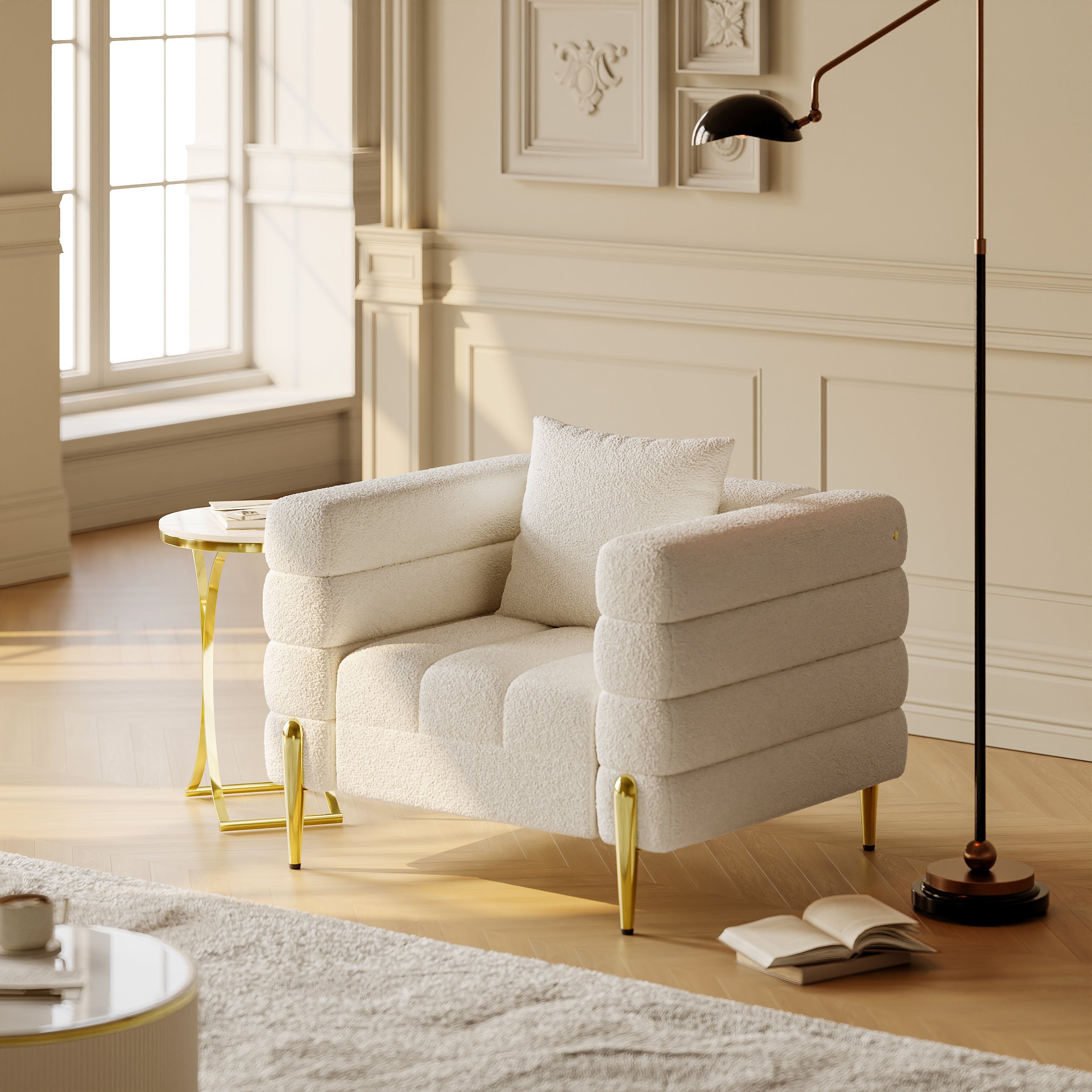 HMR Aurora Boucle Upholstered Accent Chair in Gold Finish - White, Set Of 2