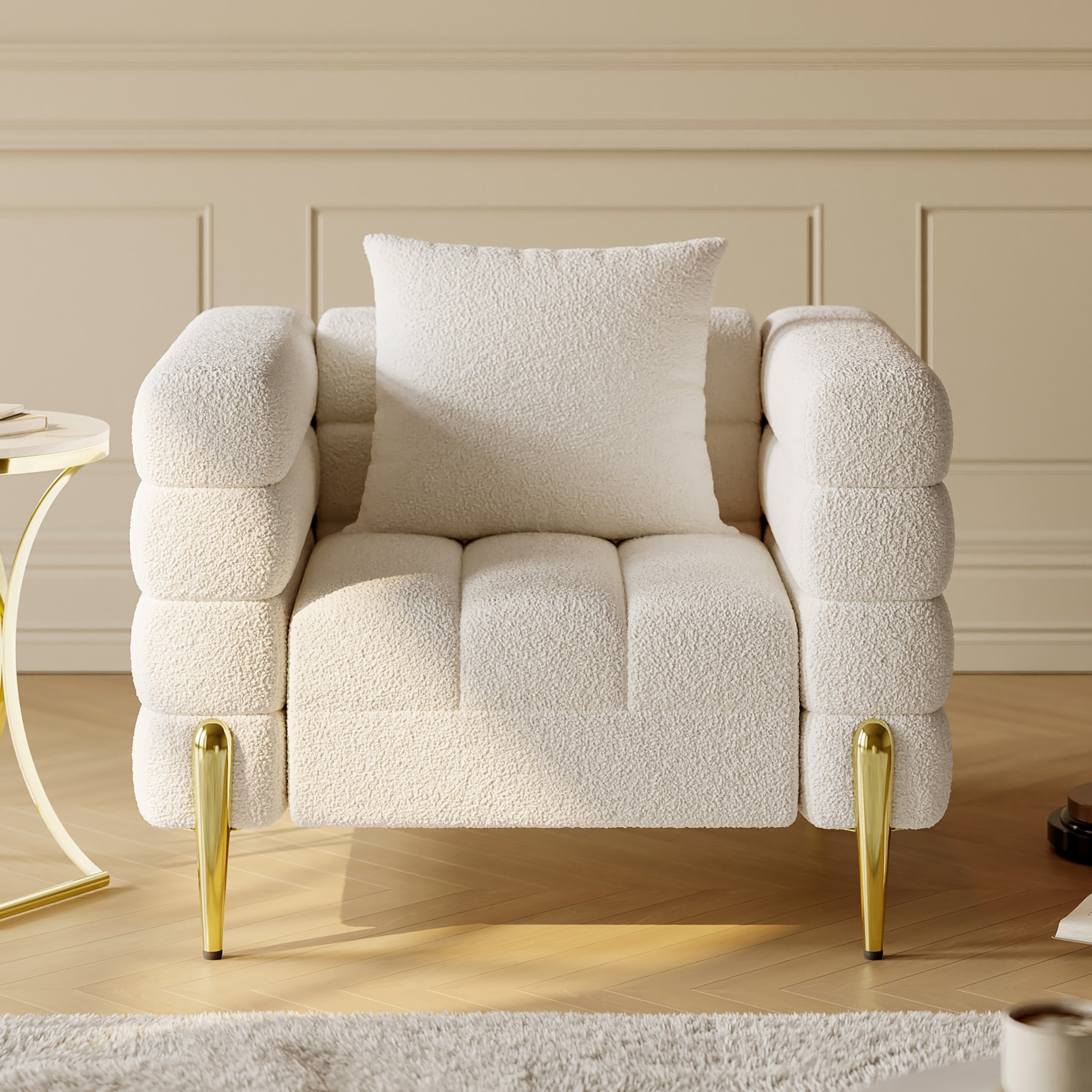 HMR Aurora Boucle Upholstered Accent Chair in Gold Finish - White, Set Of 2