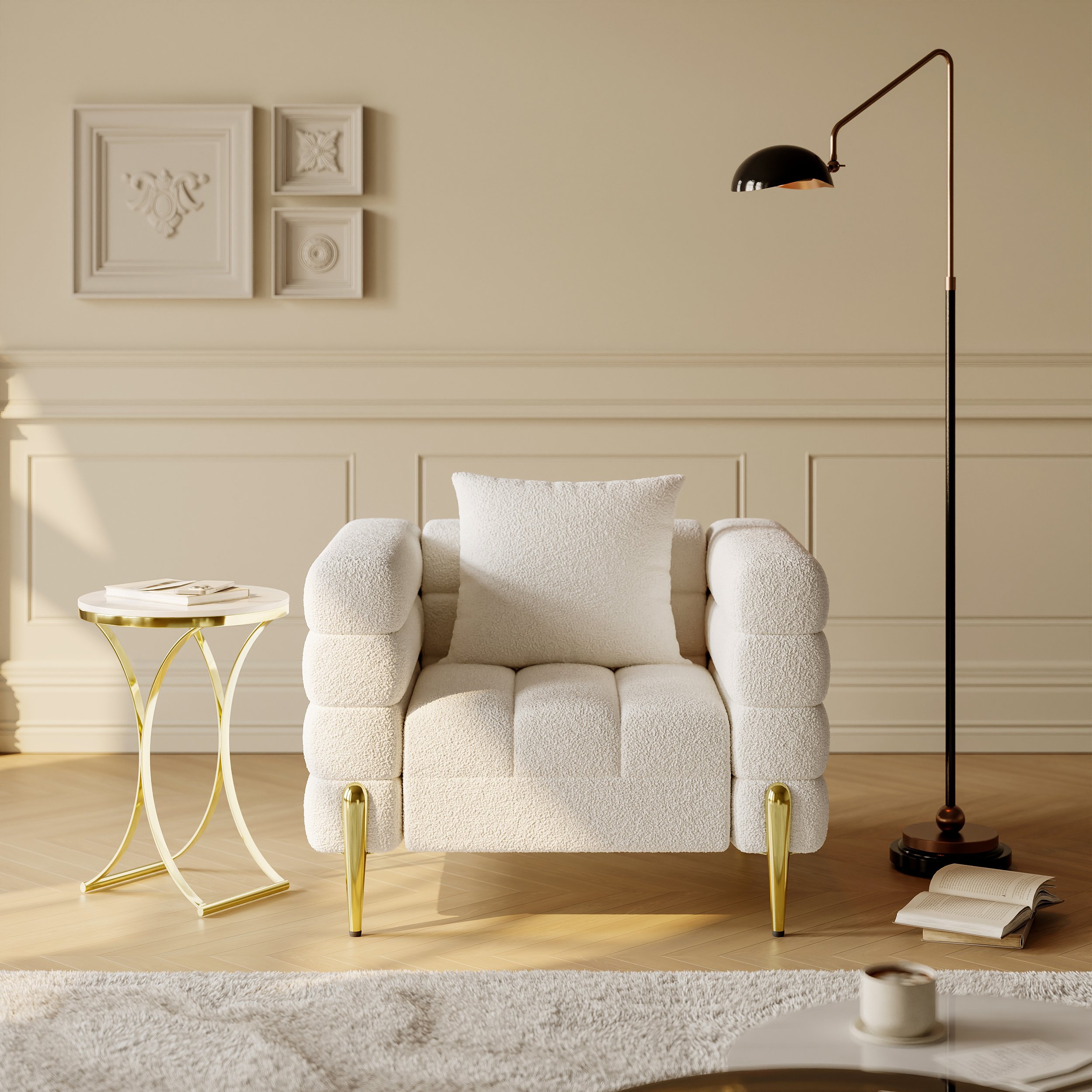 HMR Aurora Boucle Upholstered Accent Chair in Gold Finish - White, Set Of 2
