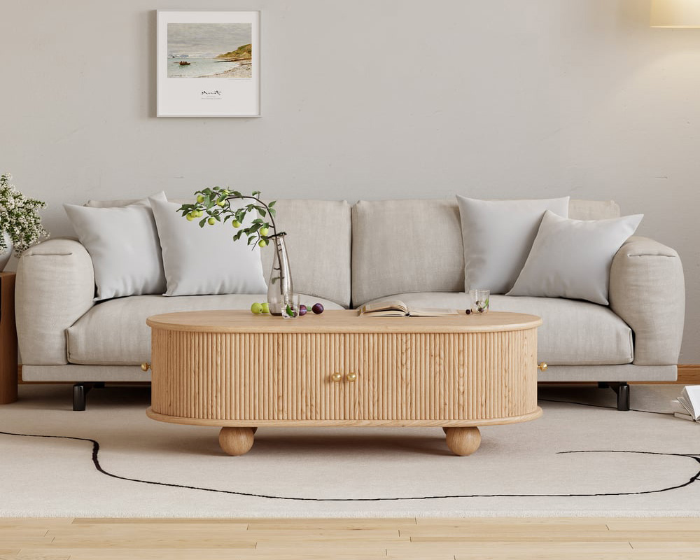 HMR Stria Ash Wood Fluted Coffee Table with Storage - Natural, Oval, 47.2"W x 23.6"D x 15.7"H