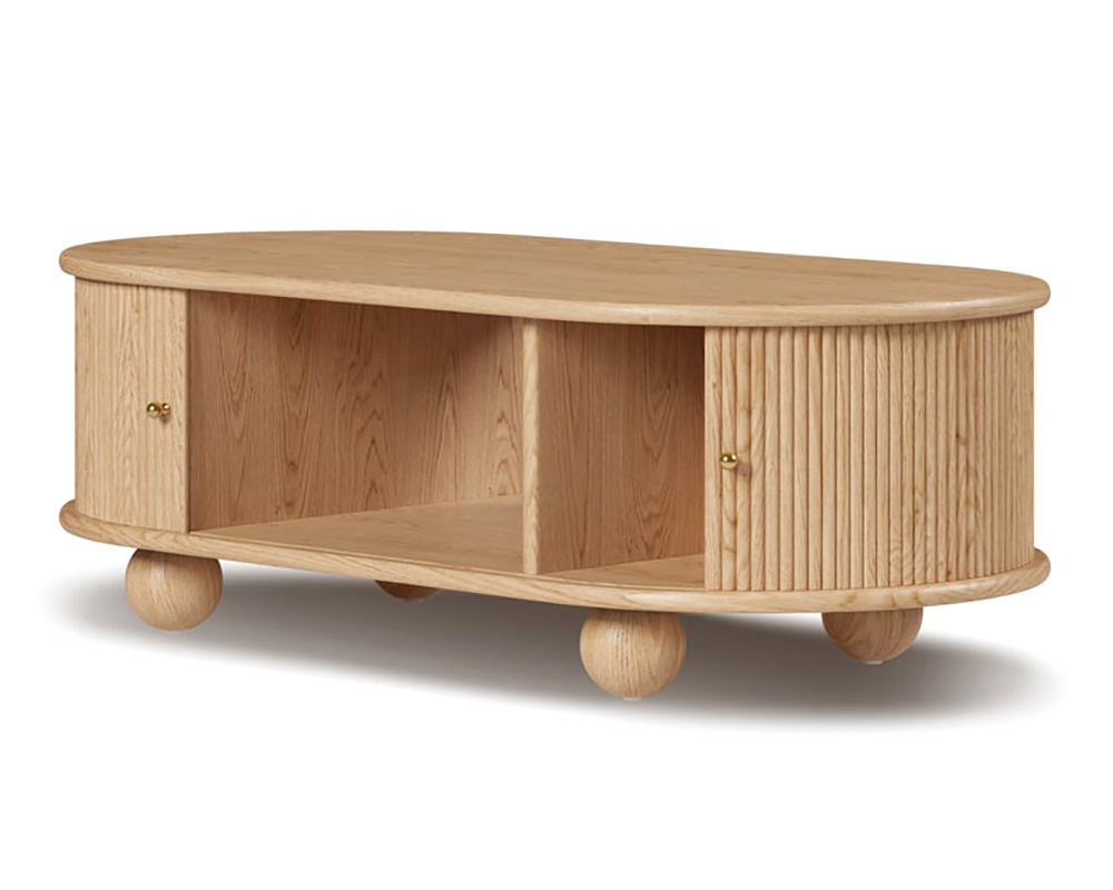 HMR Stria Ash Wood Fluted Coffee Table with Storage - Natural, Oval, 47.2"W x 23.6"D x 15.7"H
