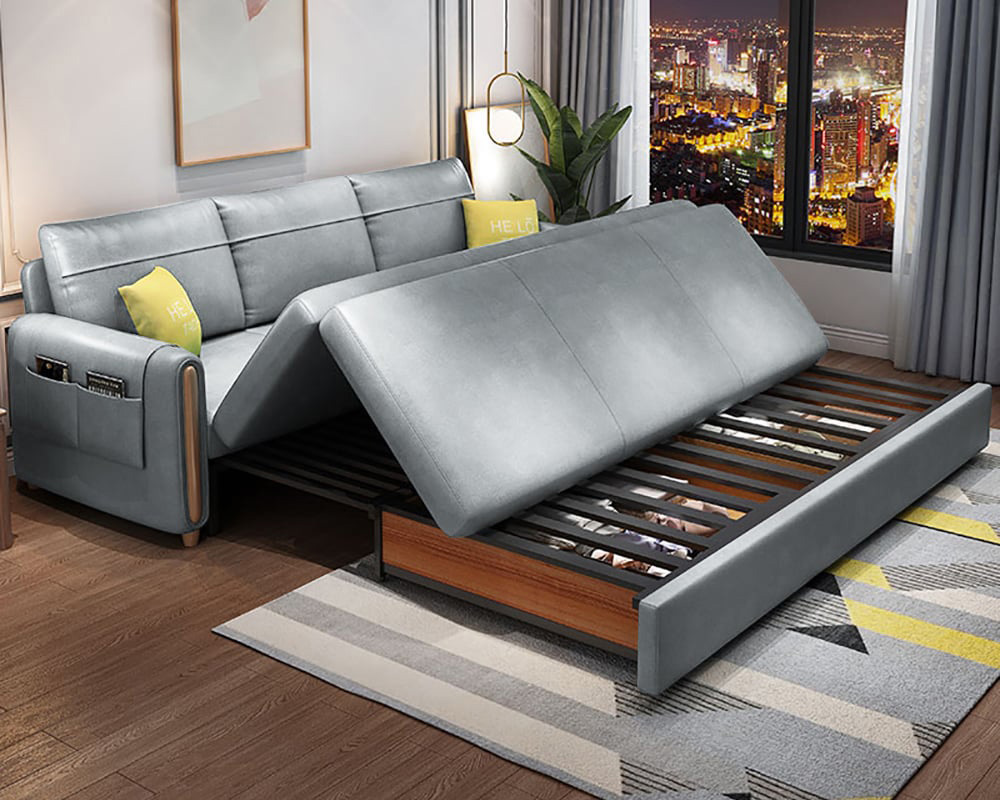 HMR 81" King 3-Seater Leath-aire Sleeper Sofa - Light Gray