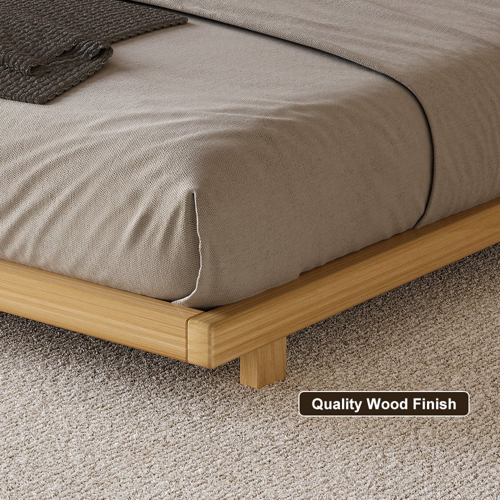 HMR - Japanese Style Queen Low Bed Frame Natural Floor Bed & Floating Wooden Nightstands Set