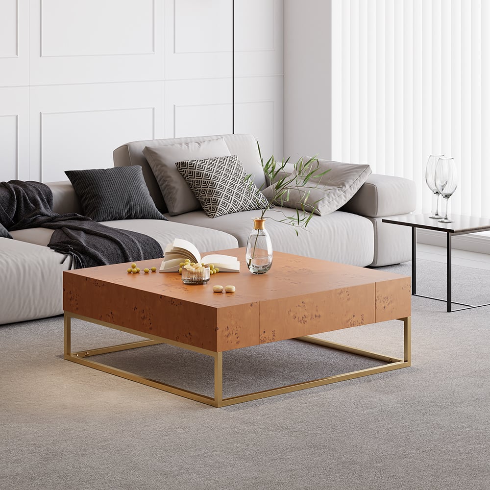 HMR - Modern 39.4" Wooden Burl Coffee Table Square with 2 Drawers in Gold Frame