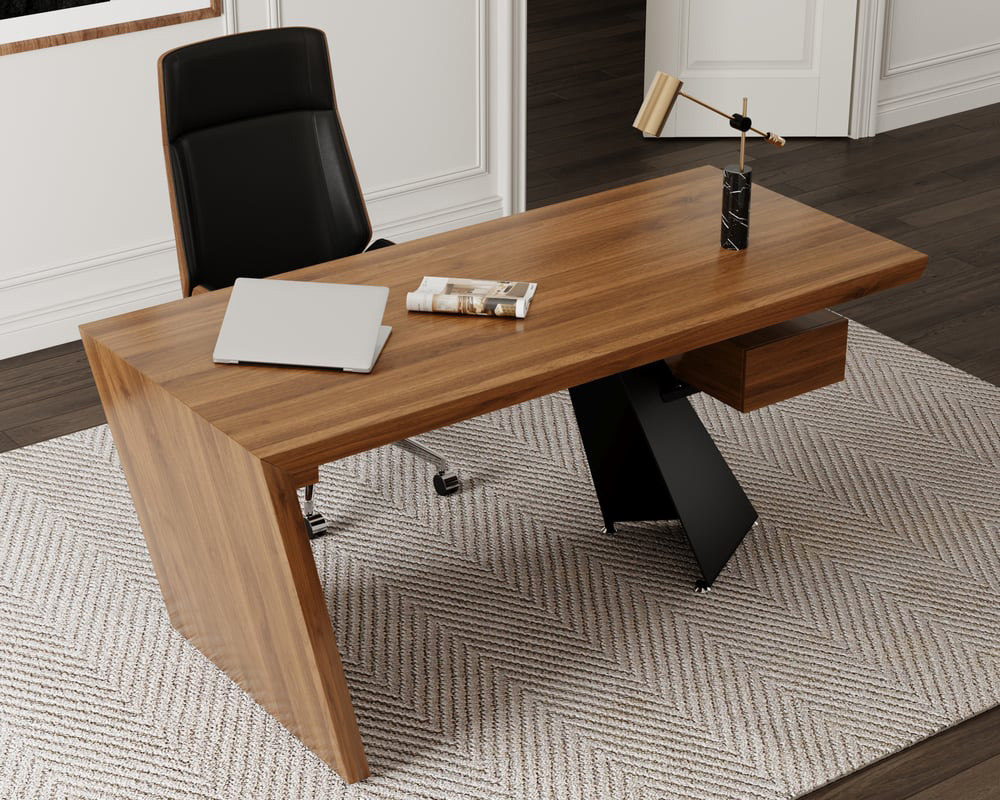 HMR Industrial Wooden Writing Desk & Leather Office Chair Set - Distressed, 63"L x 27.6"W x 29.5"H