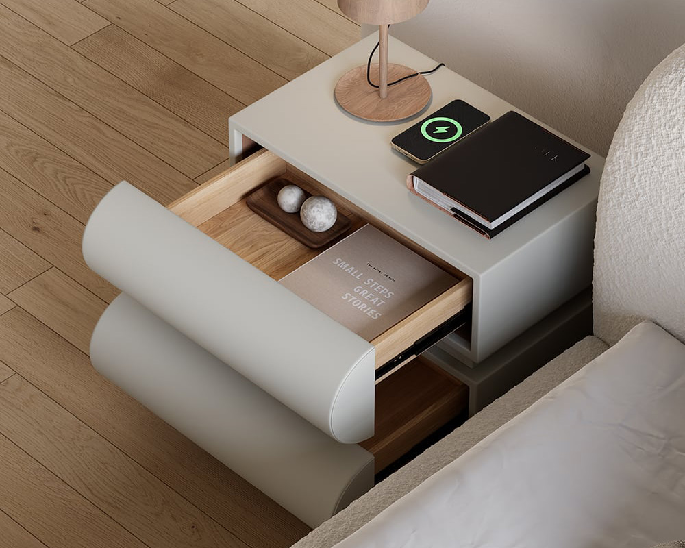 HMR Humply Modern Leather Smart Nightstand with Wireless Charger Drawers - Light Gray, 2-Drawer, Single