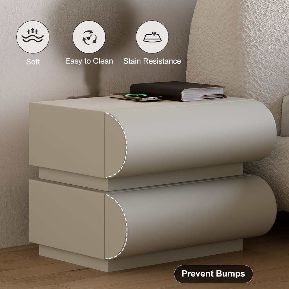 HMR Humply Modern Leather Smart Nightstand with Wireless Charger Drawers - Light Gray, 2-Drawer, Single