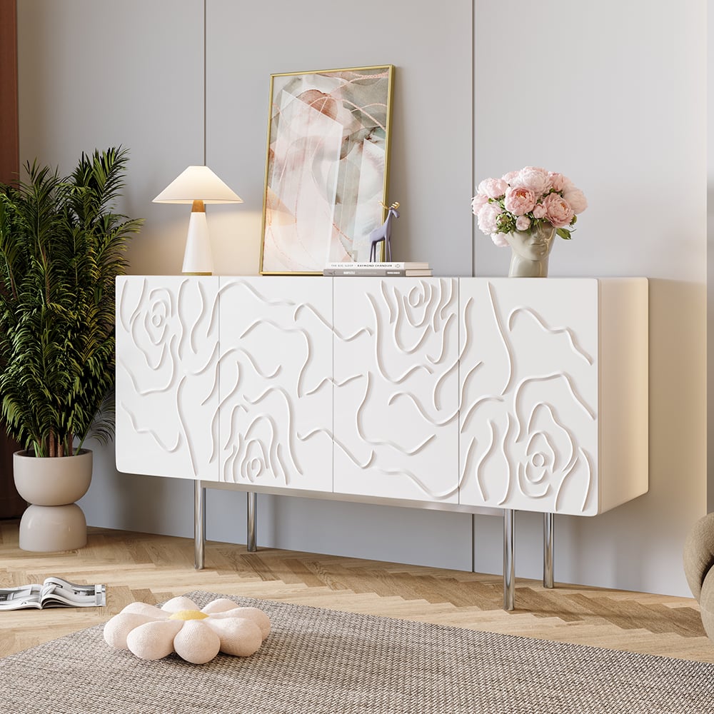 HMR - 59" White Sideboard Buffet with Doors Modern Carved Credenza Adjustable Shelves