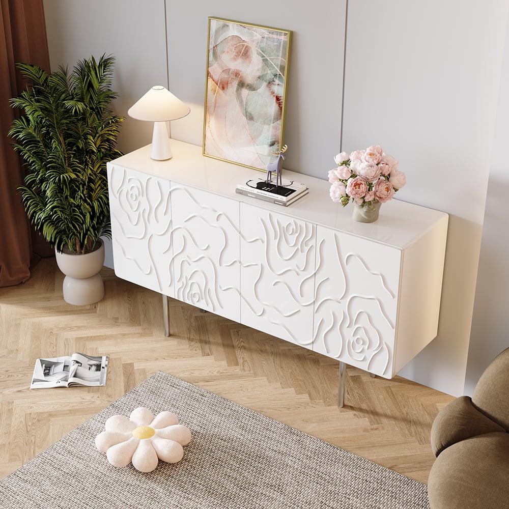HMR - 59" White Sideboard Buffet with Doors Modern Carved Credenza Adjustable Shelves