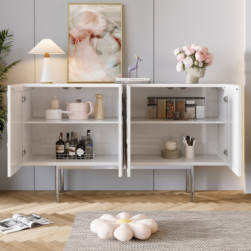 HMR - 59" White Sideboard Buffet with Doors Modern Carved Credenza Adjustable Shelves
