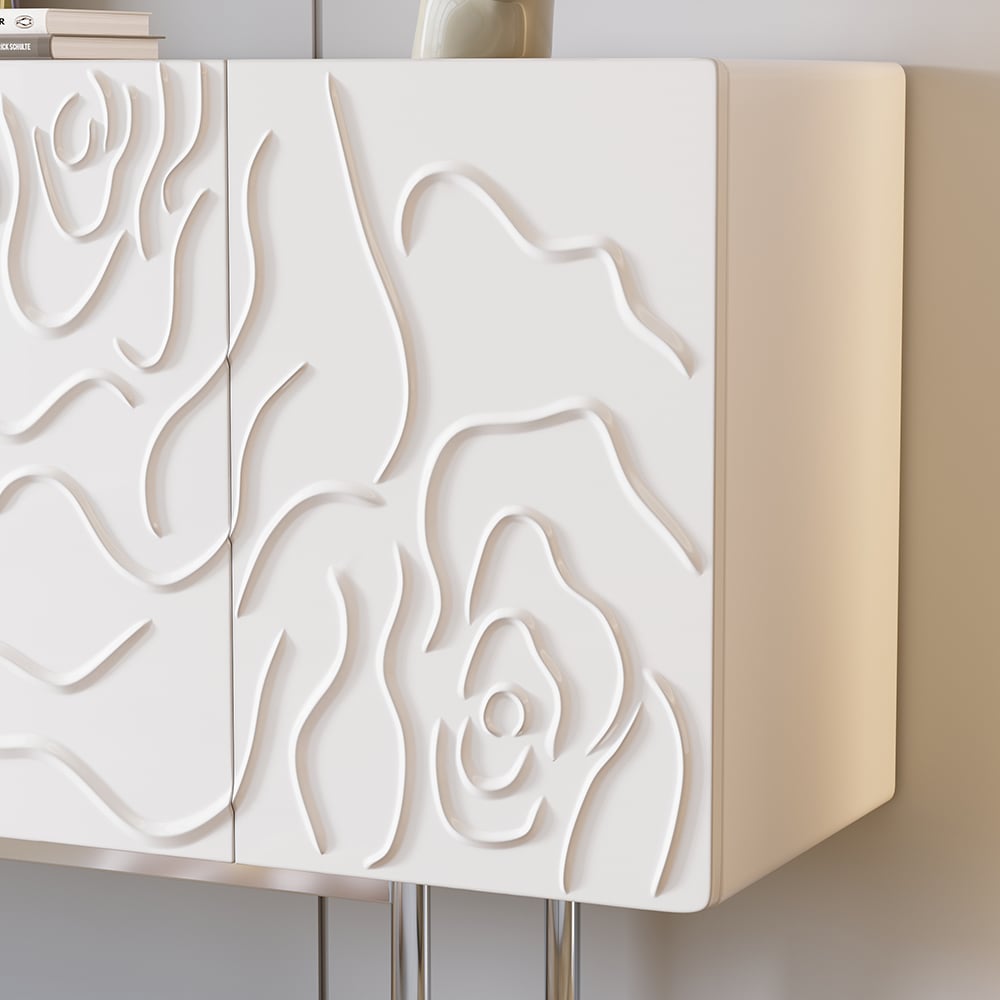 HMR - 59" White Sideboard Buffet with Doors Modern Carved Credenza Adjustable Shelves
