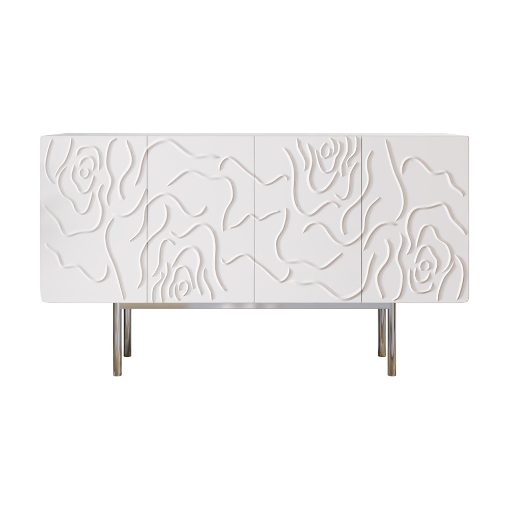 HMR - 59" White Sideboard Buffet with Doors Modern Carved Credenza Adjustable Shelves