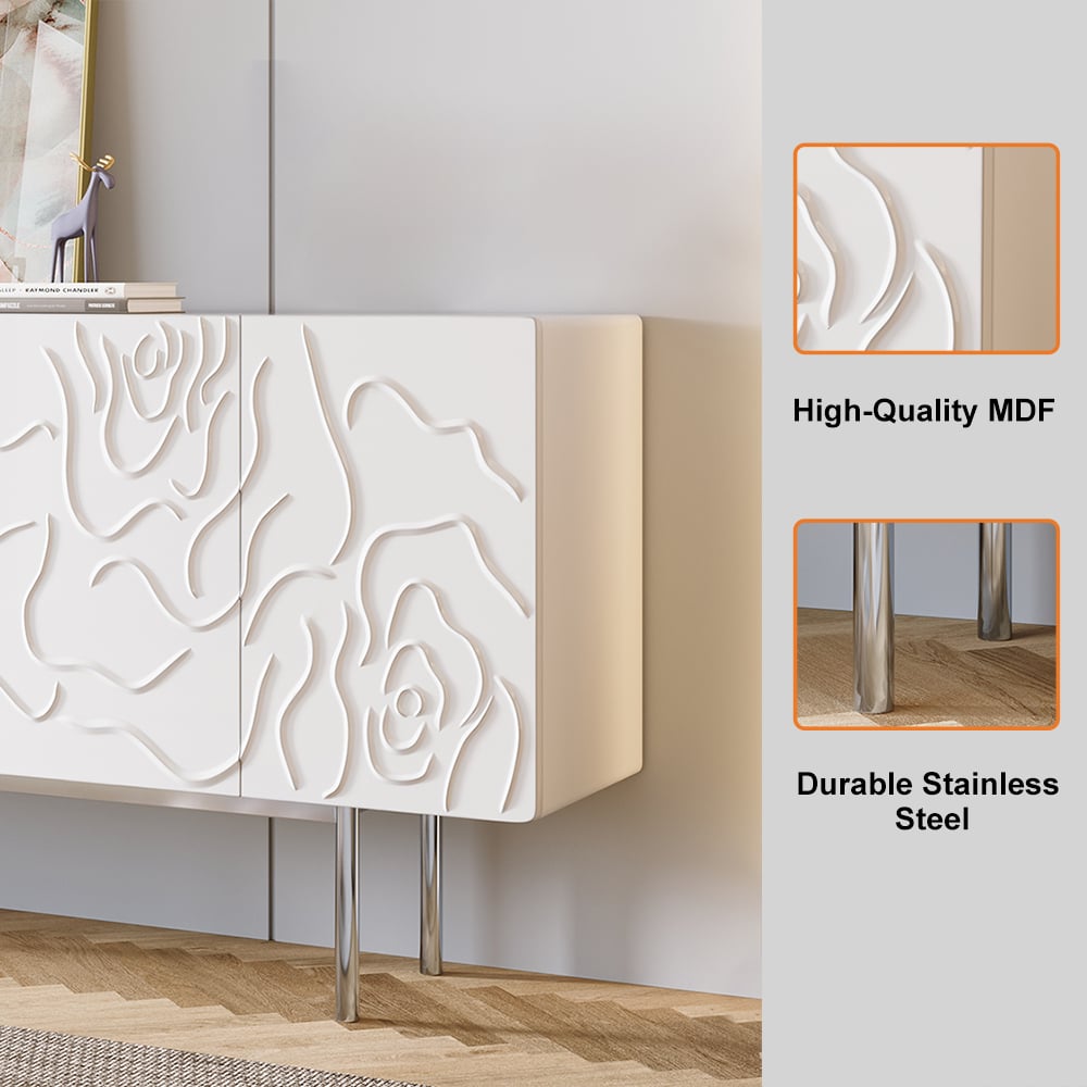 HMR - 59" White Sideboard Buffet with Doors Modern Carved Credenza Adjustable Shelves