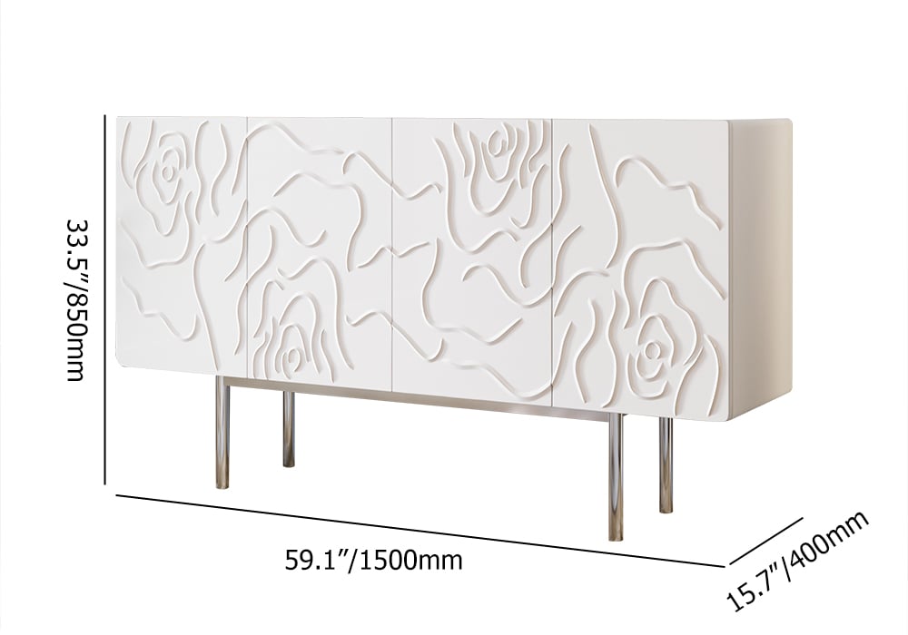HMR - 59" White Sideboard Buffet with Doors Modern Carved Credenza Adjustable Shelves
