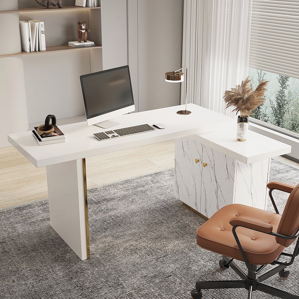 HMR - 88" Modern White L-Shape Writing Desk with Side Cabinet Wood Office Desk Gold Finish