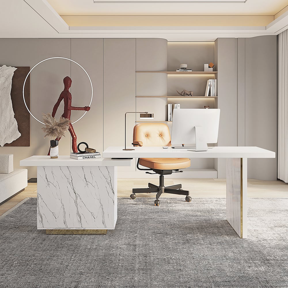 HMR - 88" Modern White L-Shape Writing Desk with Side Cabinet Wood Office Desk Gold Finish