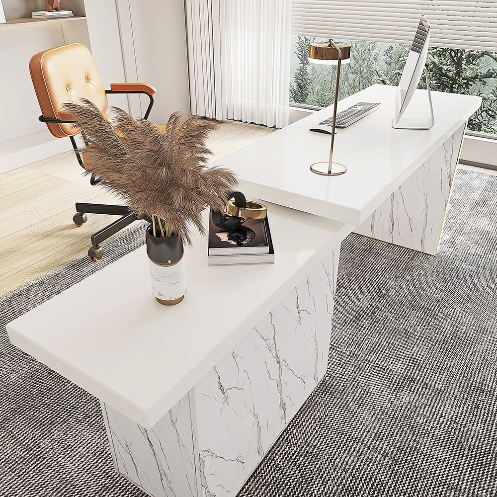 HMR - 88" Modern White L-Shape Writing Desk with Side Cabinet Wood Office Desk Gold Finish