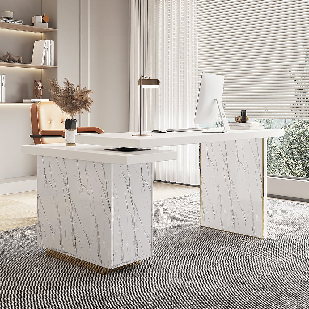 HMR - 88" Modern White L-Shape Writing Desk with Side Cabinet Wood Office Desk Gold Finish