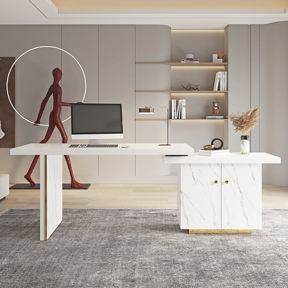 HMR - 88" Modern White L-Shape Writing Desk with Side Cabinet Wood Office Desk Gold Finish
