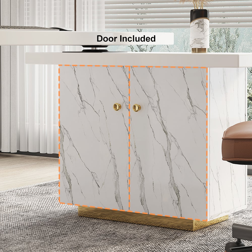 HMR - 88" Modern White L-Shape Writing Desk with Side Cabinet Wood Office Desk Gold Finish