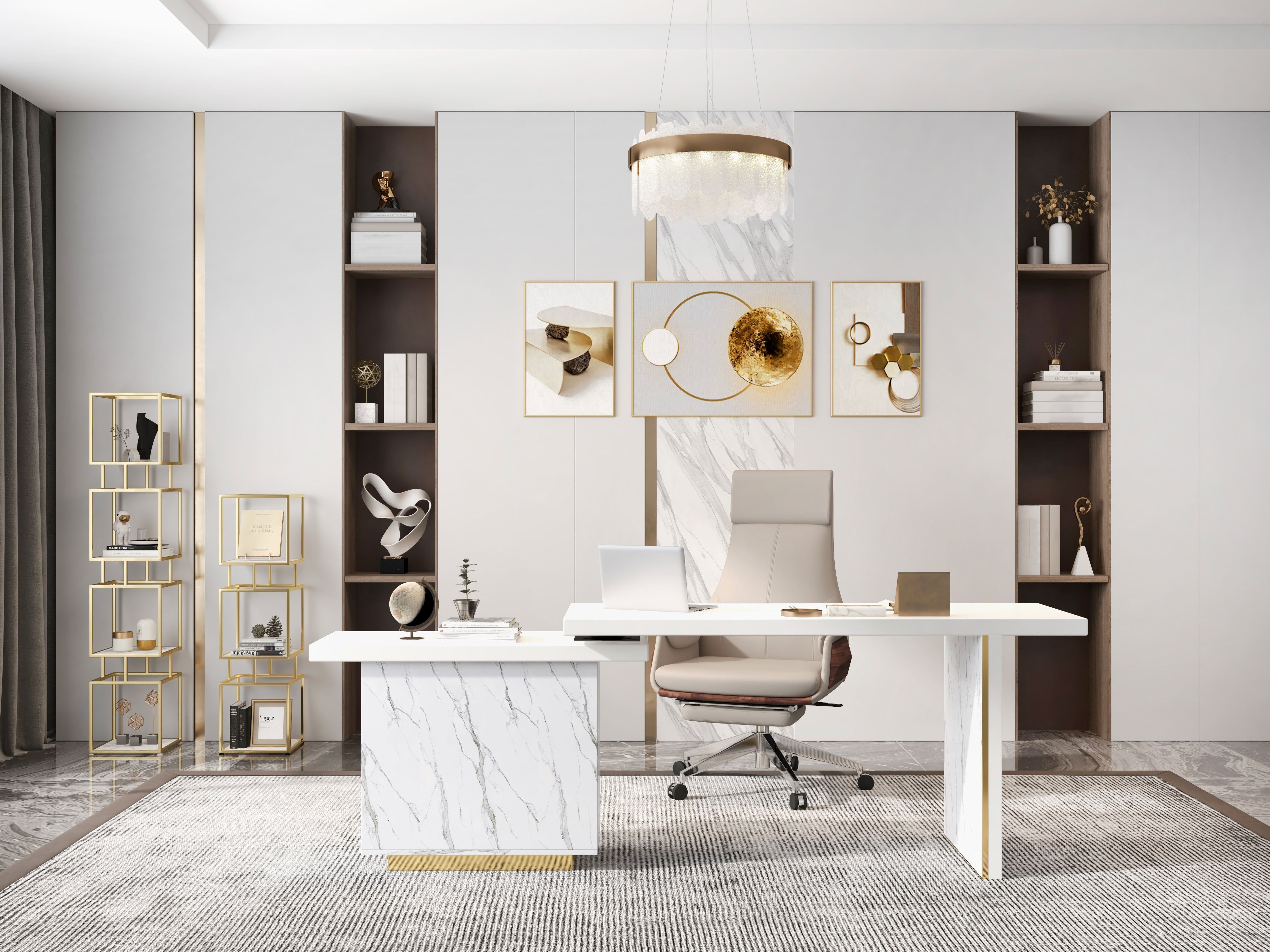 HMR - 88" Modern White L-Shape Writing Desk with Side Cabinet Wood Office Desk Gold Finish