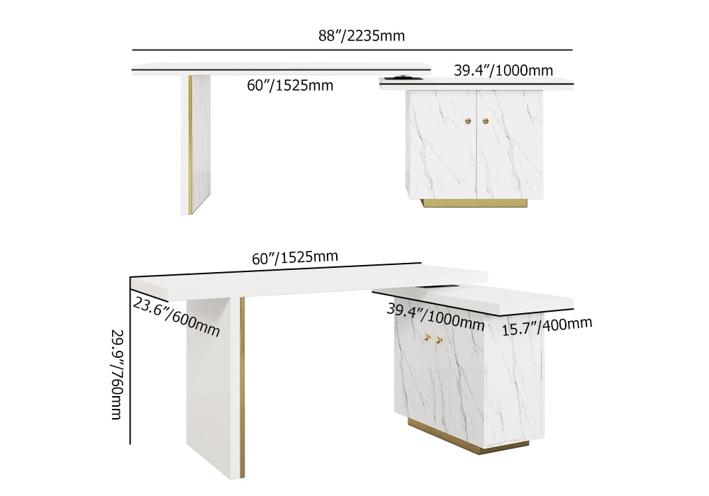 HMR - 88" Modern White L-Shape Writing Desk with Side Cabinet Wood Office Desk Gold Finish